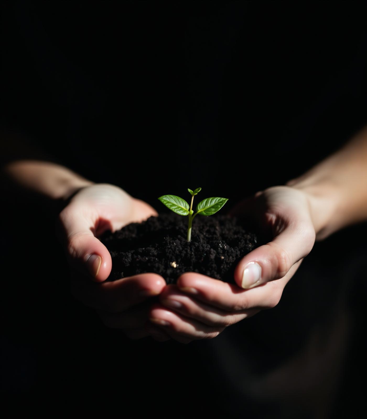 Hands cradling soil and a young seedling